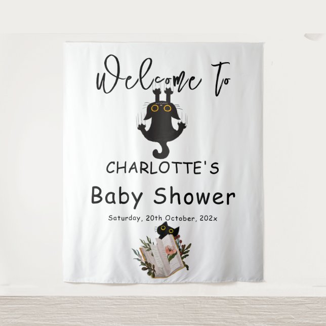 Funny Black Cat and Book Baby Shower Backdrop Tapestry (Front)