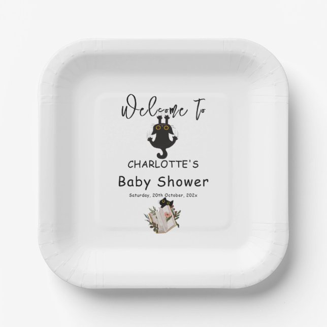 Funny Black Cat and Book Baby Shower Paper Plate (Front)