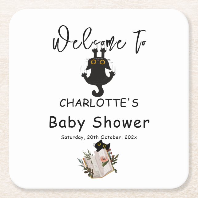 Funny Black Cat and Book Baby Shower Square Paper Coaster (Front)