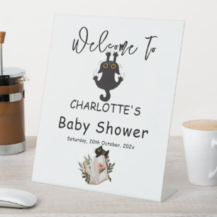 Funny Black Cat and Book Baby Shower Welcome  Pedestal Sign