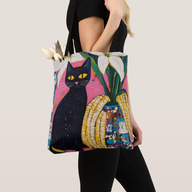 Funny Black Cat and Flower Vase Tote Bag (Close Up)