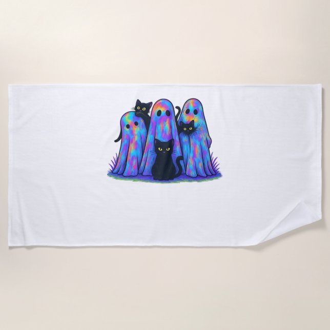 Funny Black Cat and Ghost Halloween Essential T-Sh Beach Towel (Front)