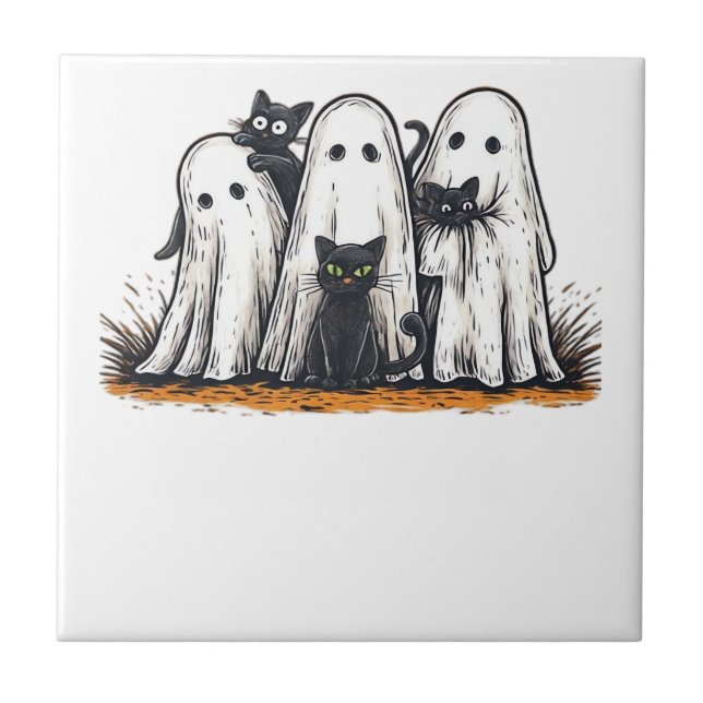 Funny Black Cat and Ghost Halloween Essential T-Sh Ceramic Tile (Front)
