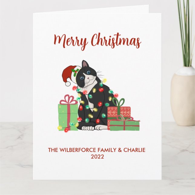 Funny Black Cat and Lights Christmas  Card (Front)