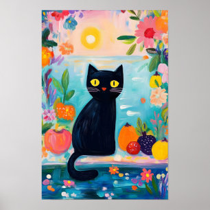 Funny Black cat Banana and Flower Vase Poster