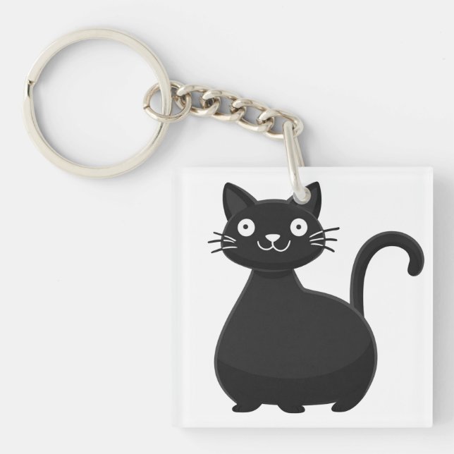 Funny Black Cat Big Eyes Cute Cat Illustration Key Ring (Front)