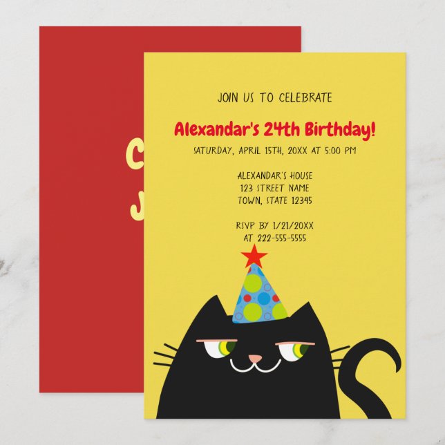 Funny Black Cat Birthday Party Invitation (Front/Back)