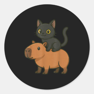 Funny Black Cat Capybara Animal Lover Mum Dad Kids Classic Round Sticker