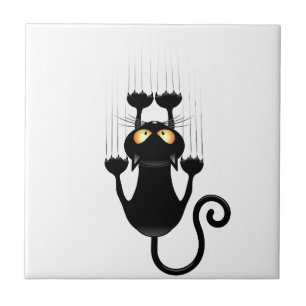 Funny Black Cat Cartoon Scratching Wall Tile