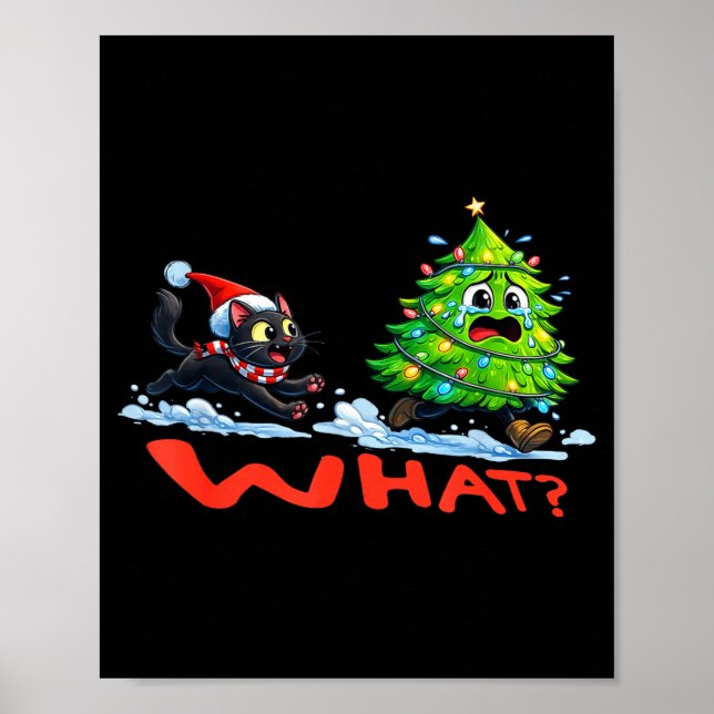 Funny Black Cat Chasing Christmas Tree Over Cat Wh Poster (Front)