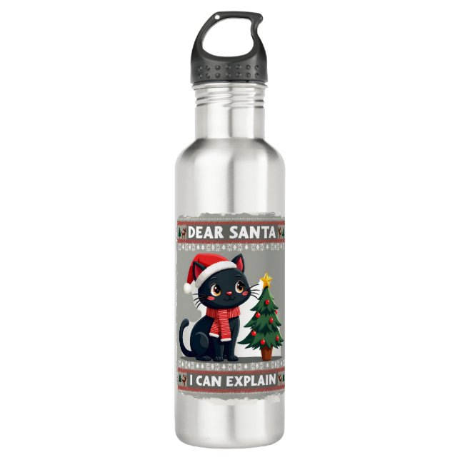 Funny Black Cat Christmas Dear Santa, I Can Explai 710 Ml Water Bottle (Front)