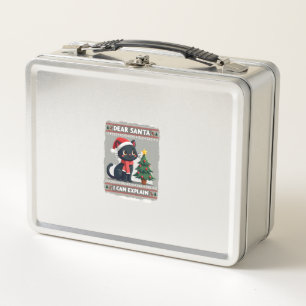 Funny Black Cat Christmas Dear Santa, I Can Explai Metal Lunch Box