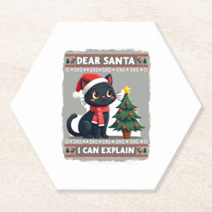 Funny Black Cat Christmas Dear Santa, I Can Explai Paper Coaster