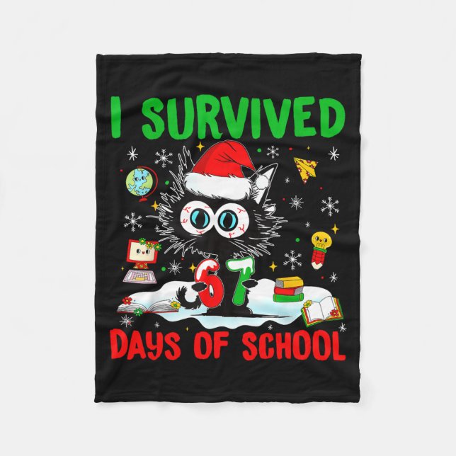 Funny Black Cat Christmas I Survived 67 Days Of Sc Fleece Blanket (Front)