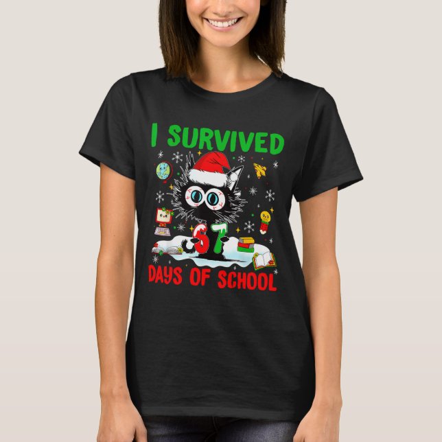 Funny Black Cat Christmas I Survived 67 Days Of Sc T-Shirt (Front)