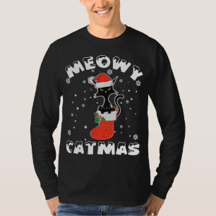 Funny Black Cat Christmas Lights Merry Meowy Catma T-Shirt