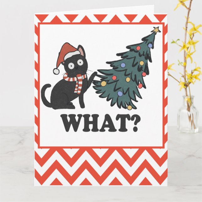 Funny Black Cat Christmas Tree Card (Yellow Flower)