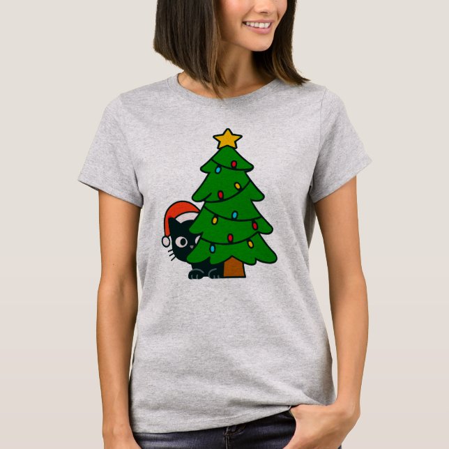 Funny Black Cat Christmas Tree Lights Kitty Xmas T-Shirt (Front)