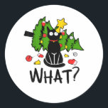 Funny Black Cat Christmas Tree Merry Santa Humor C Classic Round Sticker<br><div class="desc">Funny Black Cat Christmas Tree Merry Santa Humor Cat What</div>