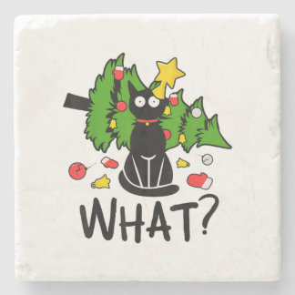 Funny Black Cat Christmas Tree Merry Santa Humor C Stone Coaster