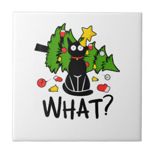 Funny Black Cat Christmas Tree Merry Santa Humour Ceramic Tile