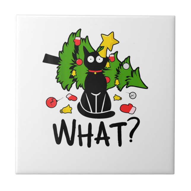 Funny Black Cat Christmas Tree Merry Santa Humour  Ceramic Tile (Front)