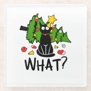 Funny Black Cat Christmas Tree Merry Santa Humour Glass Coaster
