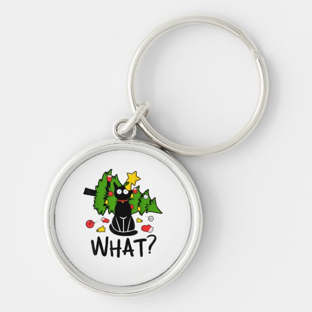Funny Black Cat Christmas Tree Merry Santa Humour  Key Ring (Front)