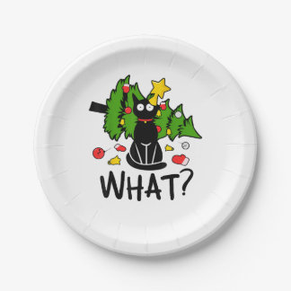 Funny Black Cat Christmas Tree Merry Santa Humour Paper Plate