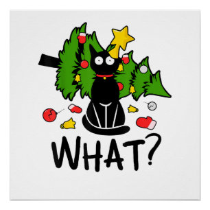 Funny Black Cat Christmas Tree Merry Santa Humour Poster
