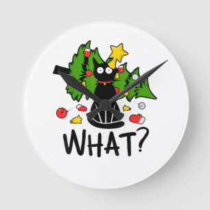 Funny Black Cat Christmas Tree Merry Santa Humour Round Clock