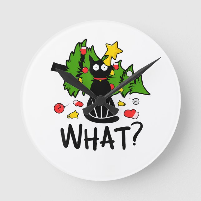 Funny Black Cat Christmas Tree Merry Santa Humour  Round Clock (Front)