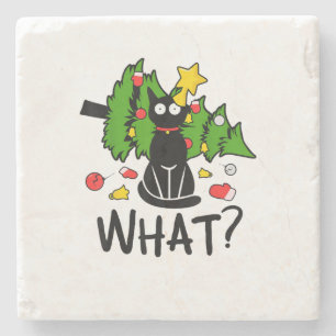 Funny Black Cat Christmas Tree Merry Santa Humour  Stone Coaster