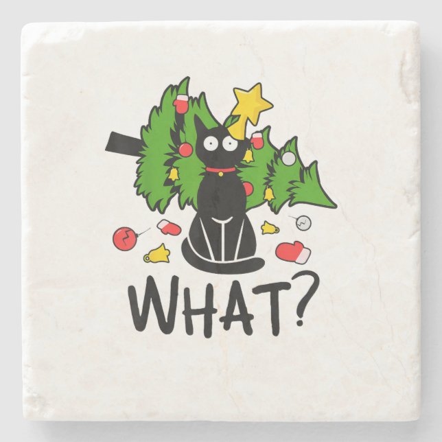 Funny Black Cat Christmas Tree Merry Santa Humour  Stone Coaster (Front)
