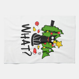 Funny Black Cat Christmas Tree Merry Santa Humour Tea Towel