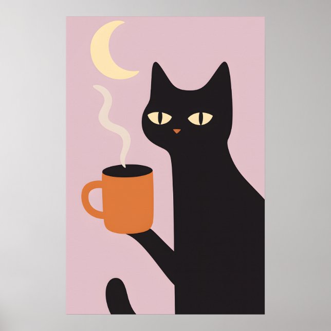 Funny Black Cat Coffee Moon Poster (Front)