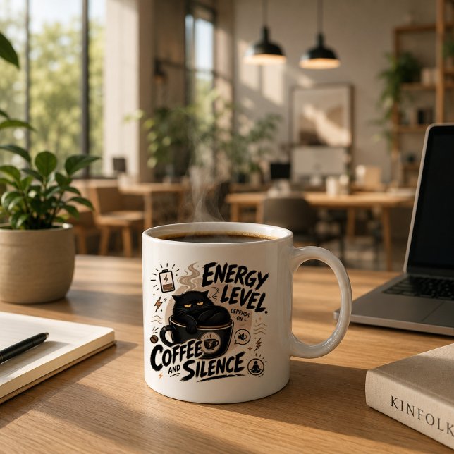 Funny Black Cat Coffee Mug for Introverts (Coffee and silence mug)