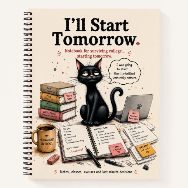 Funny Black Cat College Procrastination Notebook (Front)