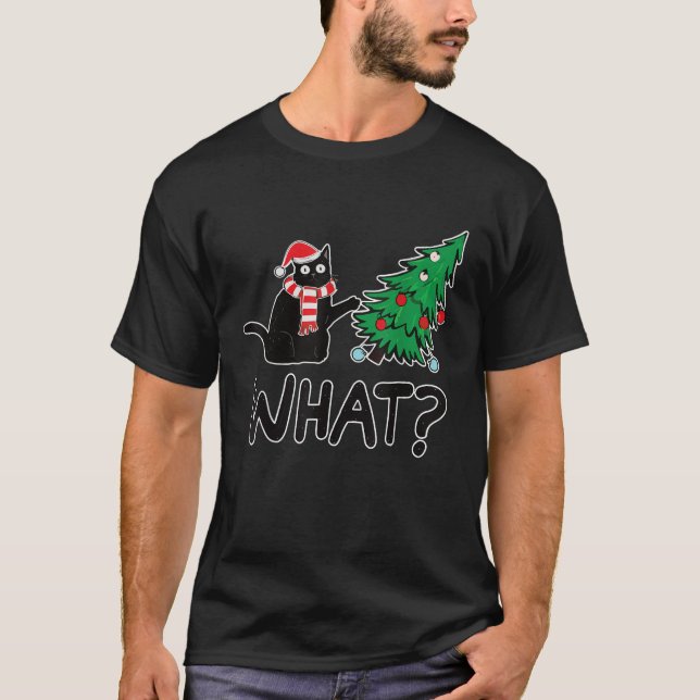 Funny Black Cat Design Pushing Christmas Tree Over T-Shirt (Front)