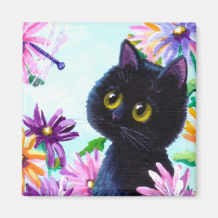 Funny Black Cat Dragonfly Daisies Creationarts Magnet