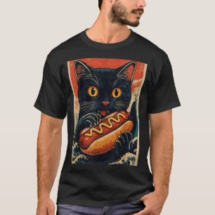 Funny Black Cat Eating Hot Dog Retro Japanese T-Shirt