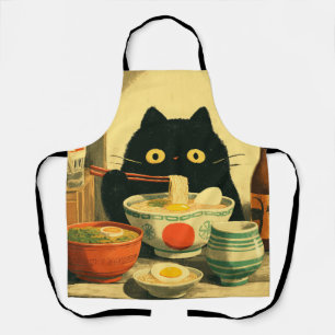 Funny Black Cat Eating Ramen Apron
