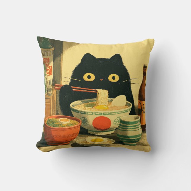 Funny Black Cat Eating Ramen Cushion (Front)