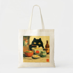 Funny Black Cat Eating Ramen Japanese Vintage Tote Bag