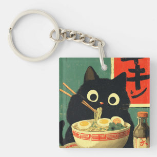 Funny Black Cat Eating Ramen Key Ring