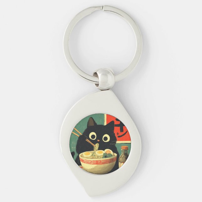 Funny Black Cat Eating Ramen Key Ring (Front)