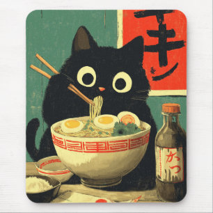 Funny Black Cat Eating Ramen Mouse Pad