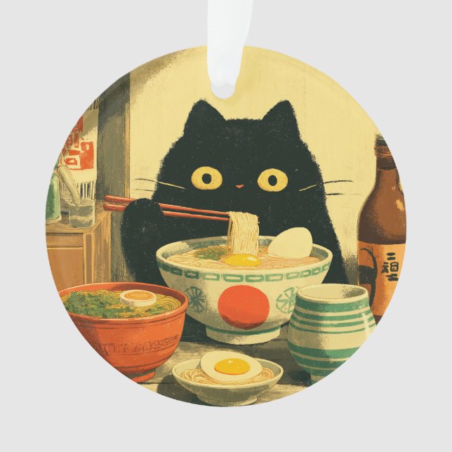 Funny Black Cat Eating Ramen Ornament (Front)
