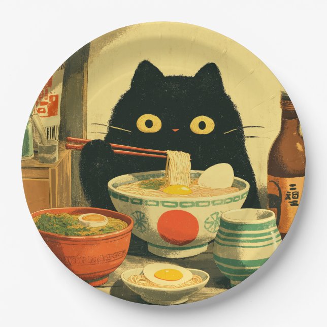 Funny Black Cat Eating Ramen Paper Plate (Front)