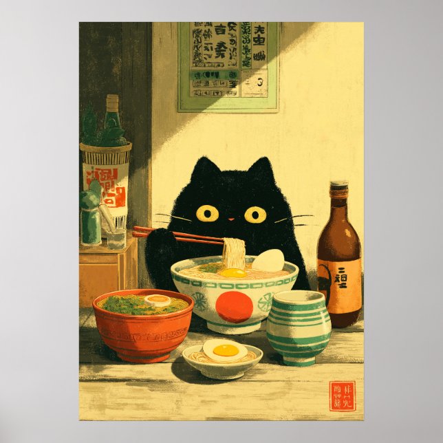 Funny Black Cat Eating Ramen Poster (Front)